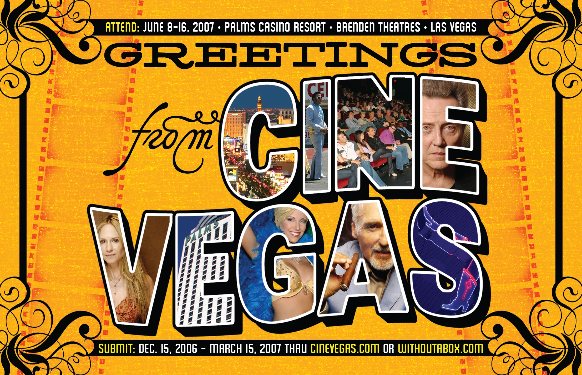AFI magazine ad — the "Greetings From CineVegas" postcard at full-bleed print scale. Film stills cut into the letterforms, filmstrip border, Las Vegas kitsch at full deployment.