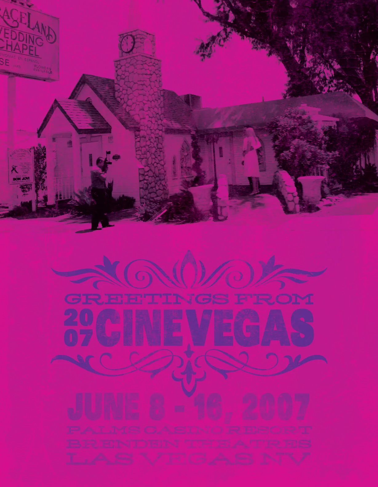 Chapel poster — the Graceland Wedding Chapel duotoned in magenta. Las Vegas as a film location.