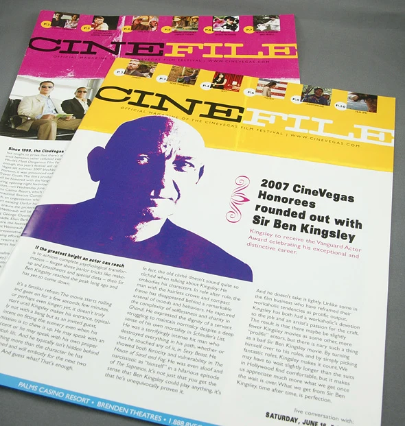 Two overlapping CineFile magazine layouts, including a 2007 honoree feature on Sir Ben Kingsley.