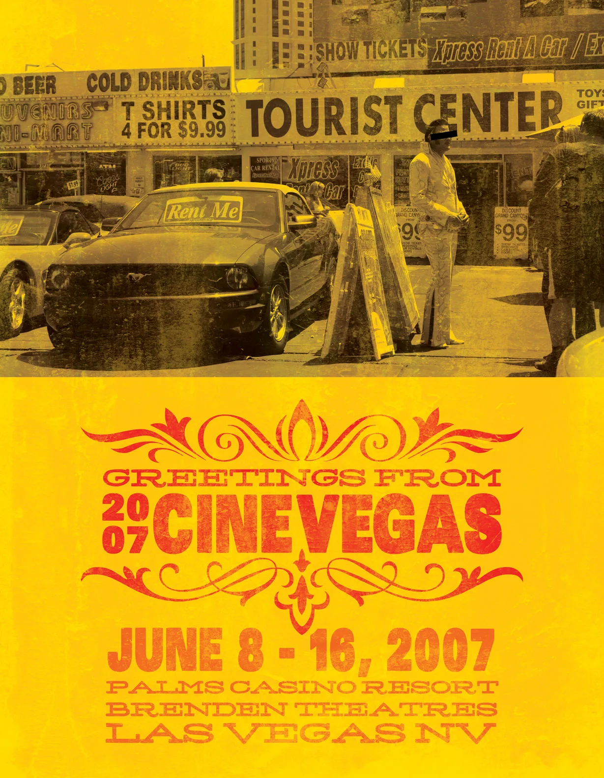 Tourist strip poster — the Strip's commercial signage as backdrop, printed in yellow and red on a vertical card.