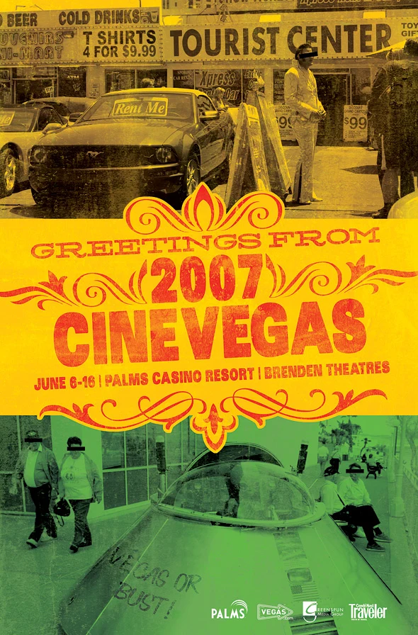 A vertical CineVegas poster combining yellow Tourist Center photography, a green vehicle marked Vegas or Bust, and red Greetings From CineVegas lettering.