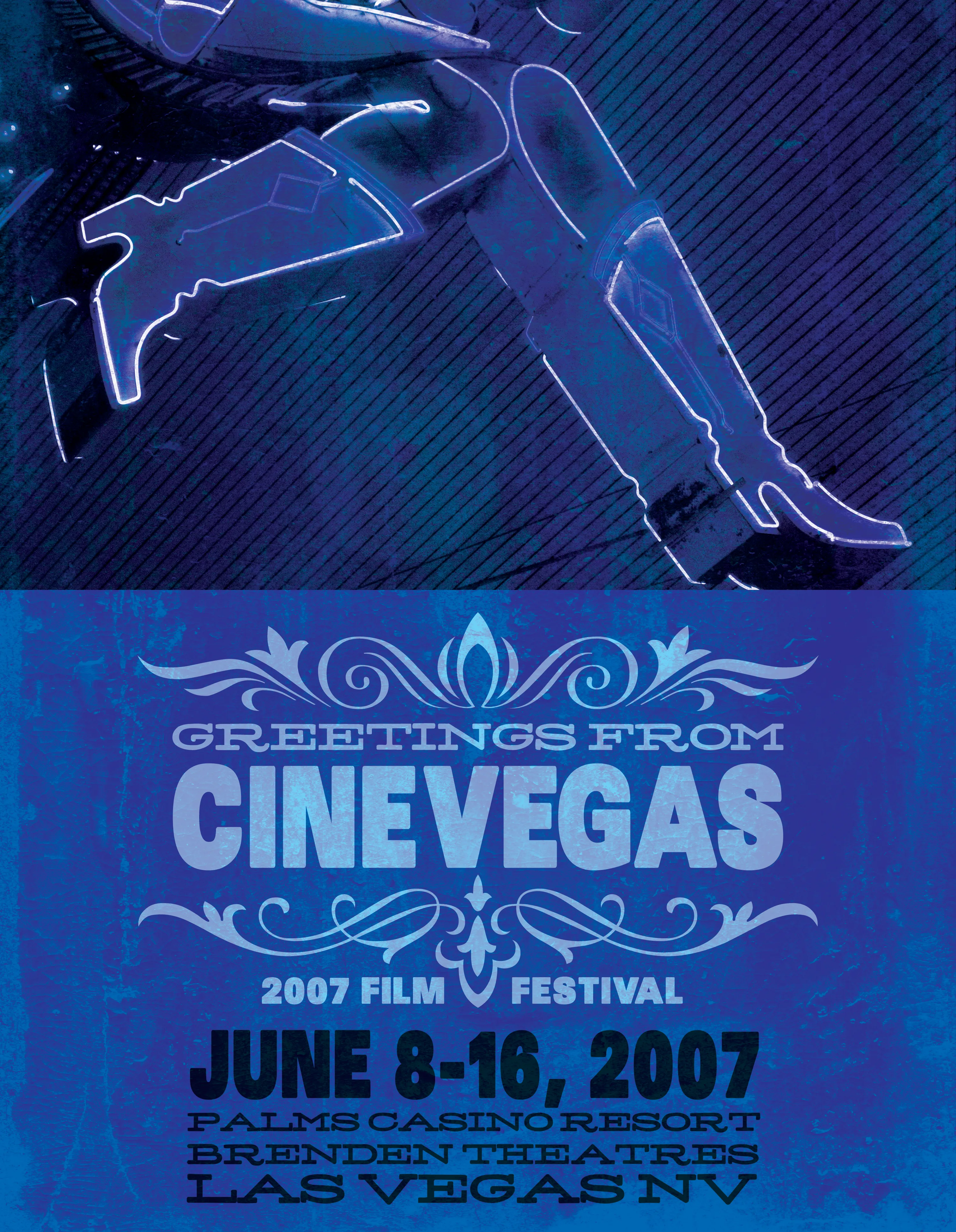 Legs poster — neon-outlined showgirl silhouette in electric blue. No introduction required for a CineVegas audience.