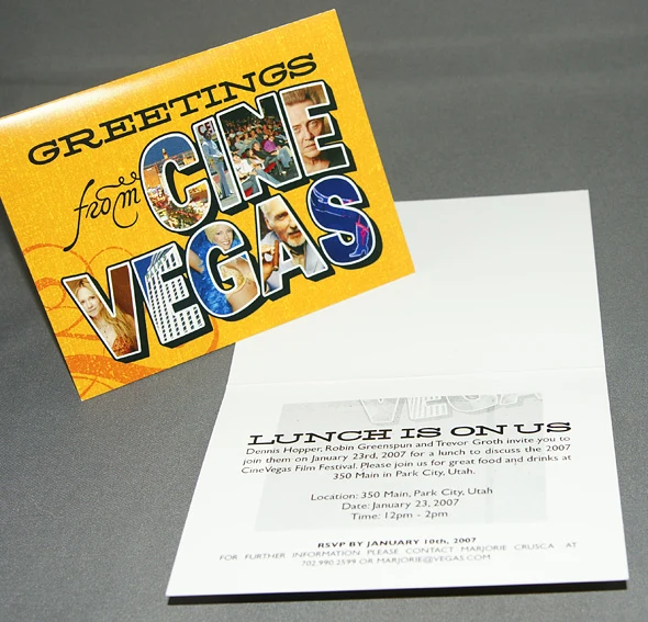 A folded Greetings From CineVegas invitation with film stills filling the postcard-style letterforms.