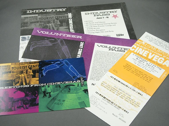 CineVegas industry and volunteer passes arranged with a festival ticket and Greetings From CineVegas postcard.