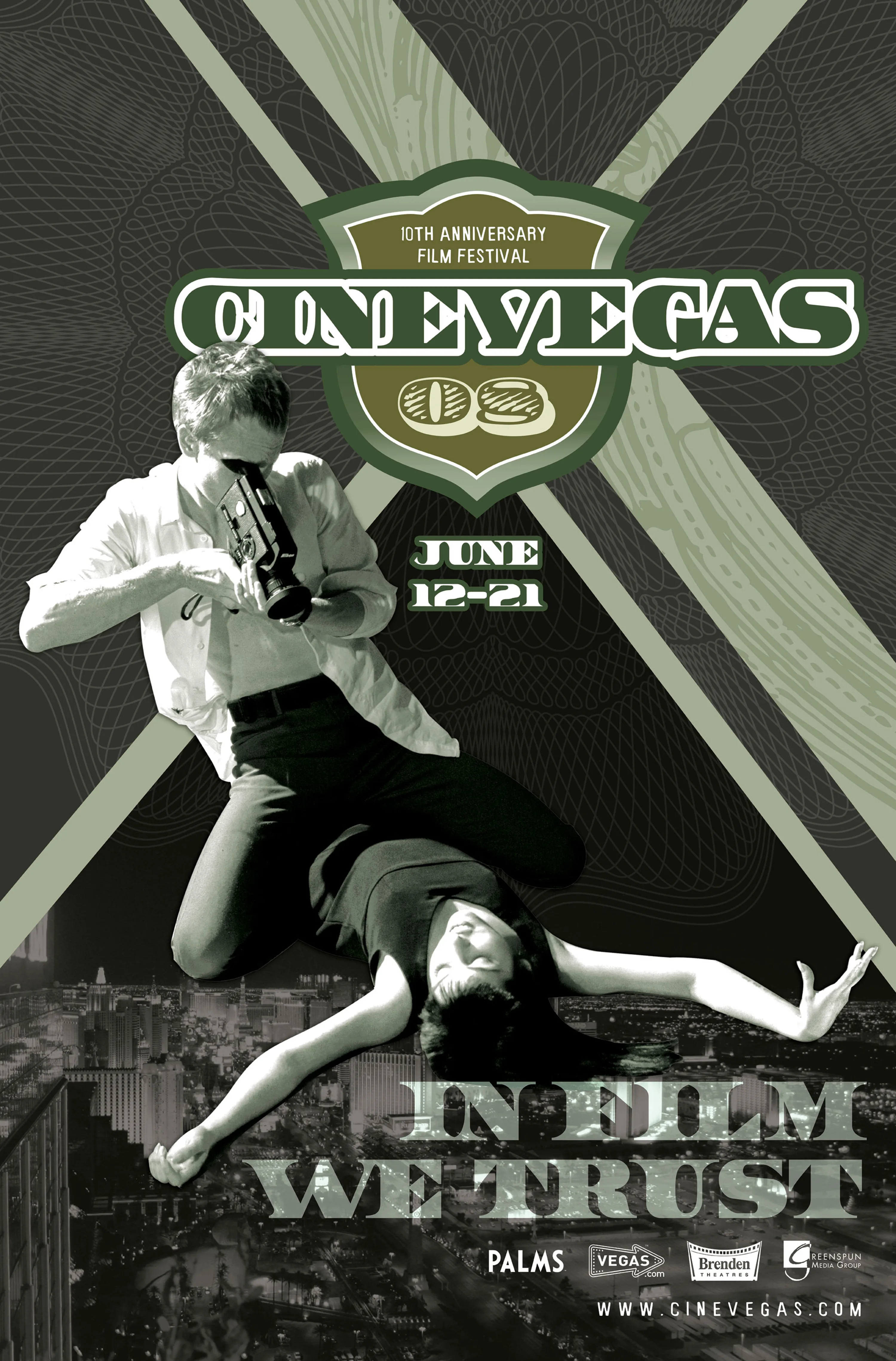 Blow-Up poster — the 10th anniversary key art. Antonioni's Blow-Up as the visual reference, "In Film We Trust" as the tagline, the Las Vegas Strip in the frame below.