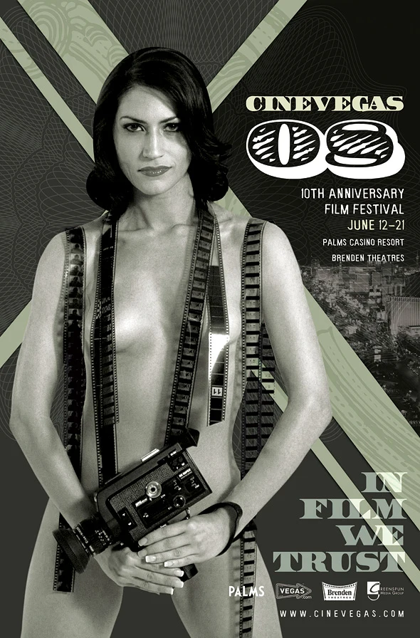 CineVegas 10th anniversary poster featuring a woman holding a film camera beneath the CineVegas X mark and In Film We Trust tagline.