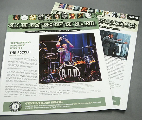 Two overlapping issues of CineFile magazine with editorial stories, film photography, and a strip of festival portraits across the masthead.