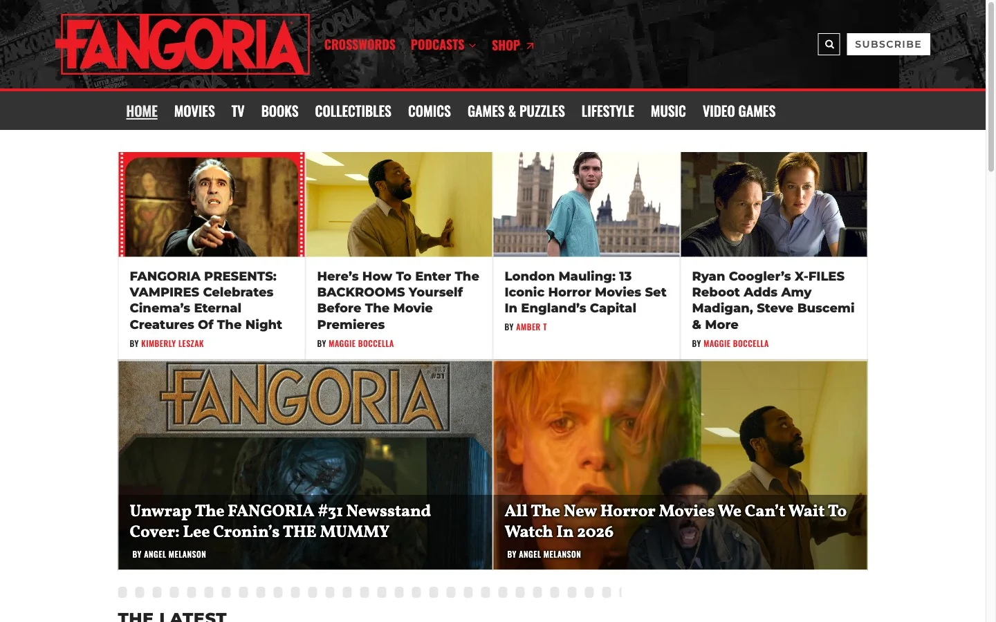 Homepage of Fangoria.com — the hero carousel, global nav, and featured article grid. Red, black, and condensed type carry the print identity onto screen without softening it.