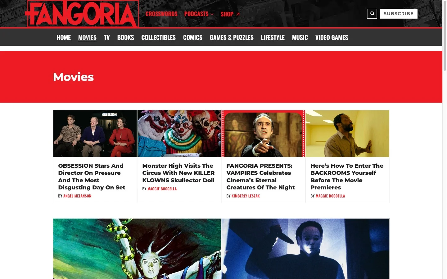 Movies section — the category landing page pattern: red header band, four-column article grid with image thumbnails, author bylines in the label typeface.