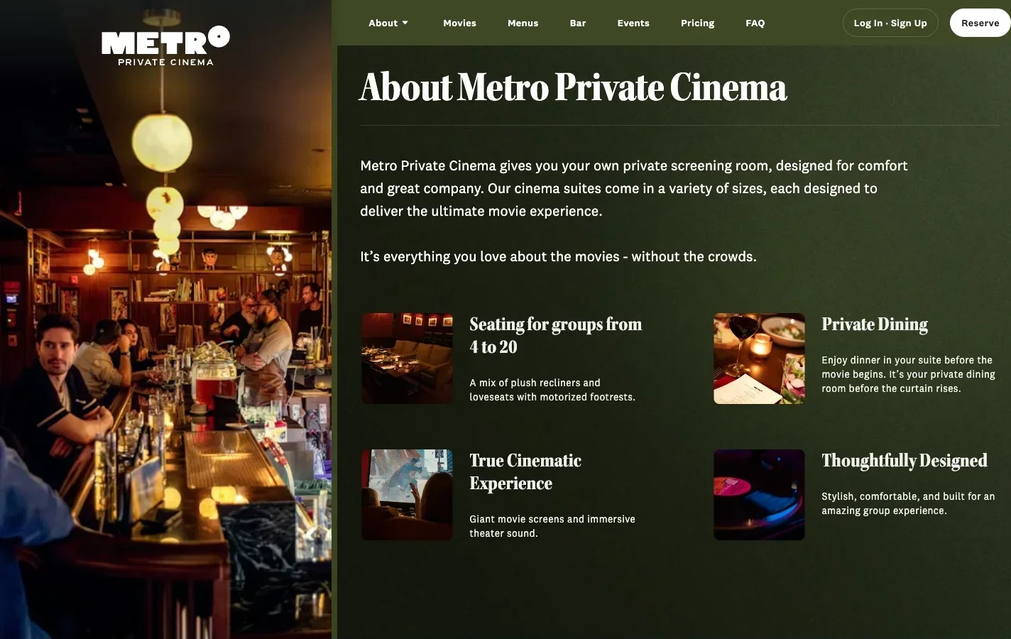 About page — food and drinks section names every service moment: family-style before the film, dessert during, ninja service throughout. Service details as brand voice, not fine print.