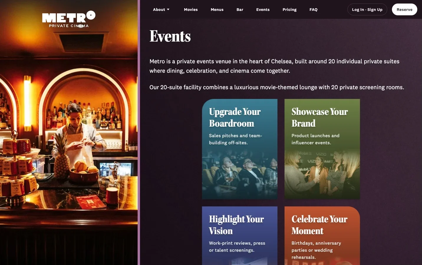 Events page — four named use-case cards (Upgrade Your Boardroom, Showcase Your Brand, Highlight Your Vision, Celebrate Your Moment) give the 20-suite facility a clear taxonomy for non-movie bookings.