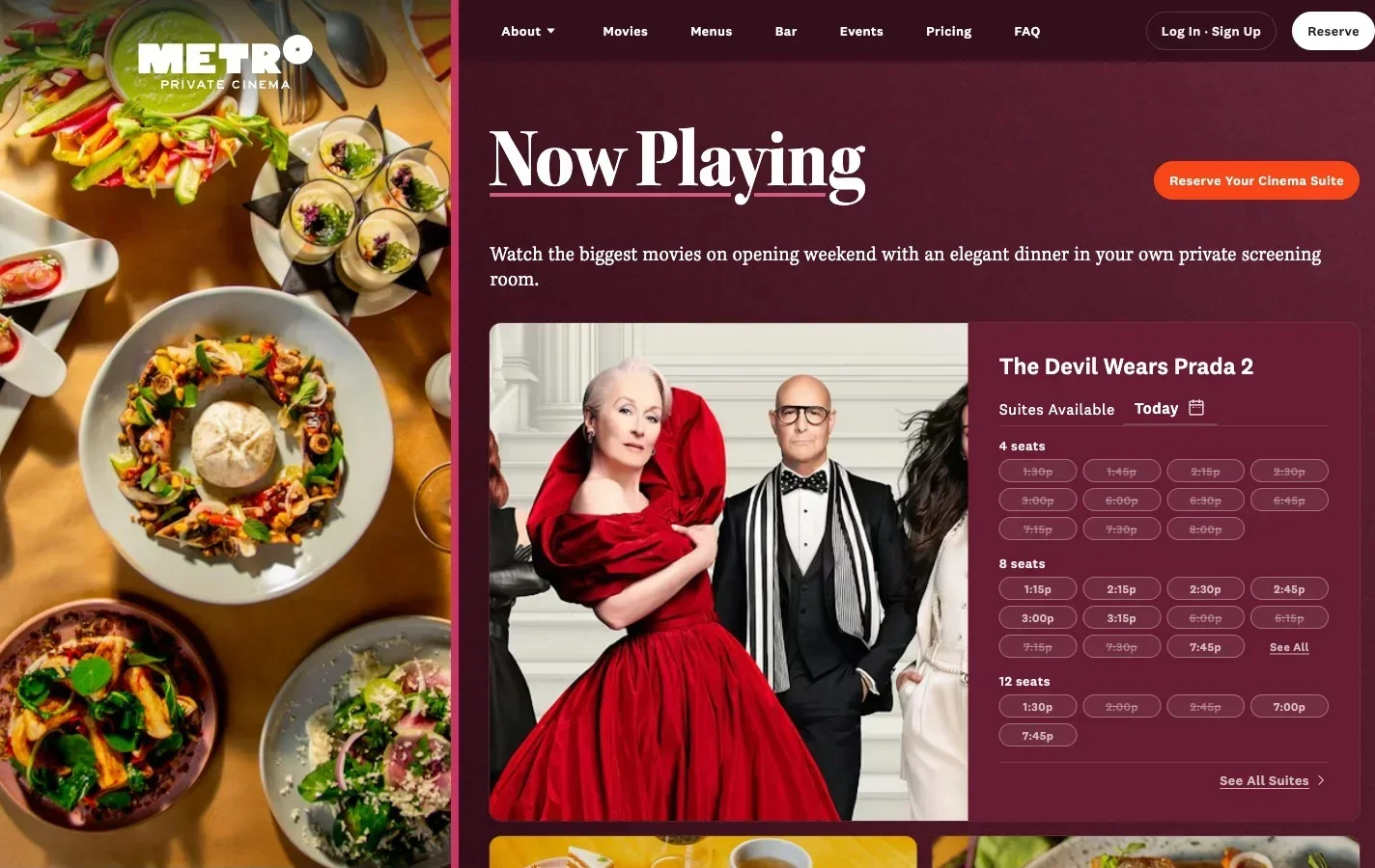 Homepage — Now Playing leads with current titles as if reading a marquee. The Reserve CTA sits directly on each film card rather than routing through a separate browsing flow.