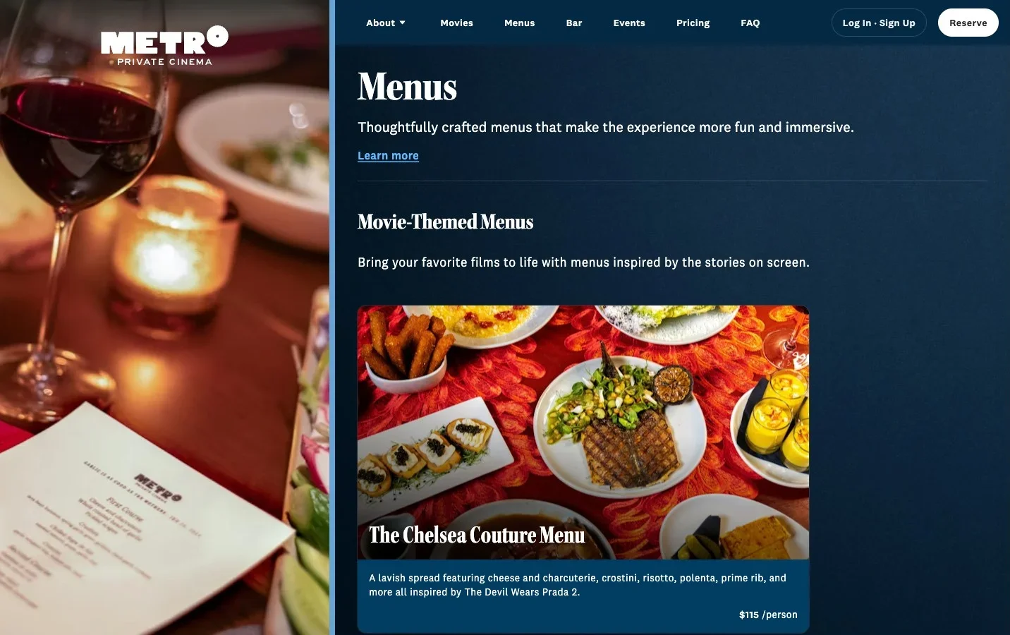 Menus page — movie-themed menus as named objects, each with photography and a per-person price. The Chelsea Couture Menu pairs Devil Wears Prada 2 with the food at the ingredient level.